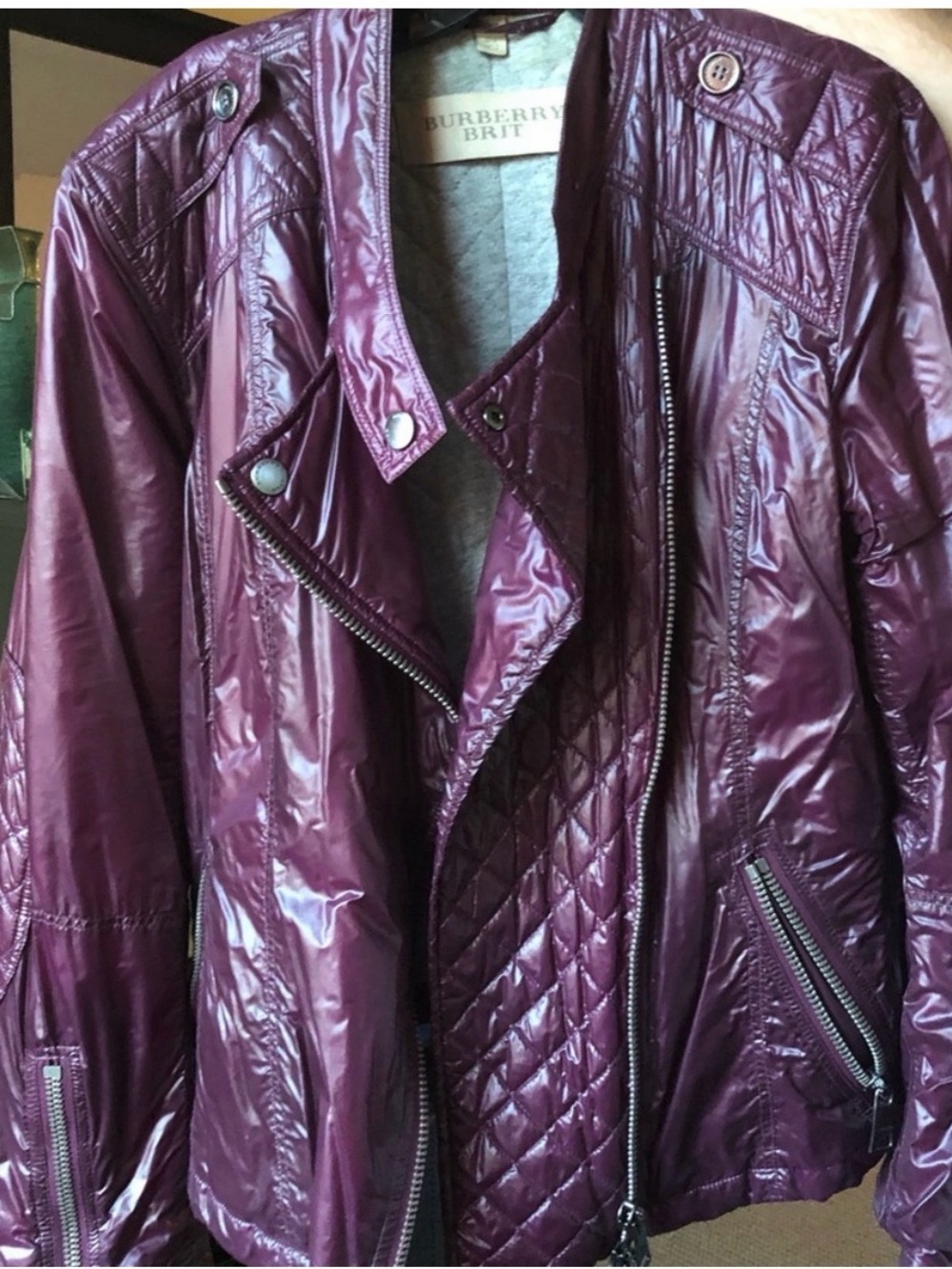 Burberry Quilted Shiny Plum Leather-Effect Jacket